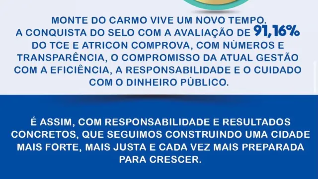 Monte do Carmo recebe Selo Ouro de Transparência Pública